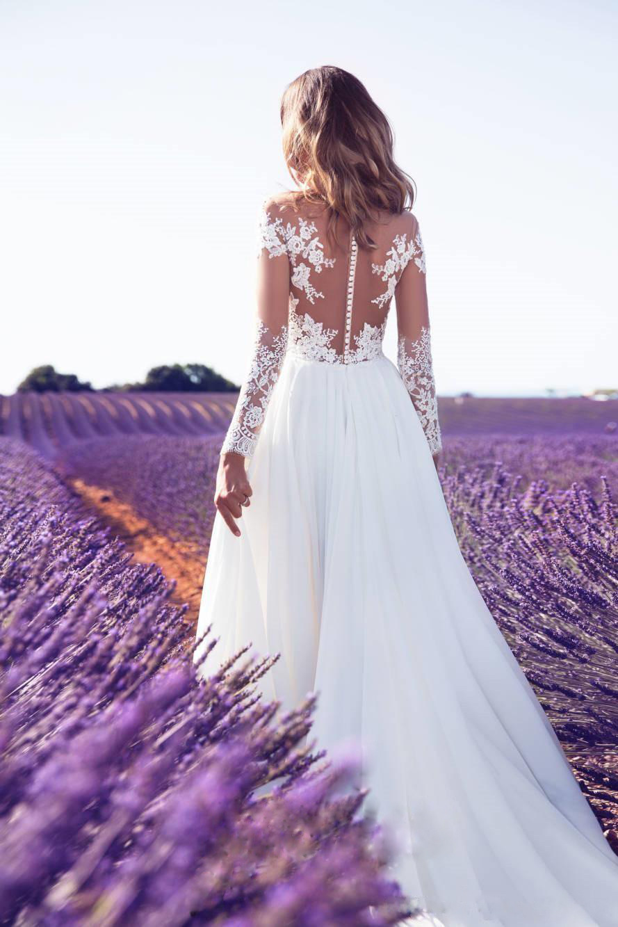 Style Long Sleeve Sheer Lace Wedding Bridesmaid Dress Slit Long Skirt - Image 5