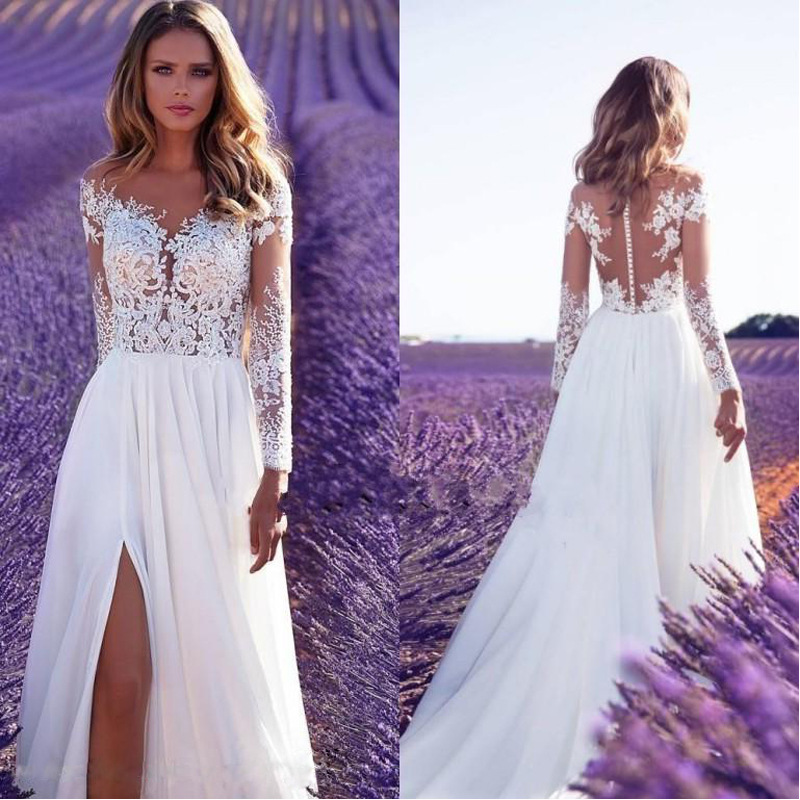 Style Long Sleeve Sheer Lace Wedding Bridesmaid Dress Slit Long Skirt - Image 6