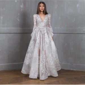 Elegant Beaded Lace Embroidered Wedding Dress Evening Gown for Women, Sheath Silhouette, Formal Occasion Dress
