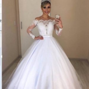 Chic Off-Shoulder V-Neck Fitted Lace Trimmed Ball Gown Wedding Dress