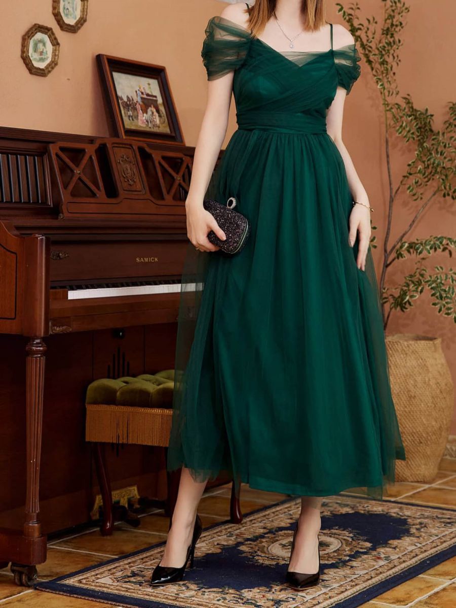 Spring Summer Mesh Women's Dress Sexy Off-Shoulder Strap Tie-Up Wedding Bridesmaid Gown - Image 6