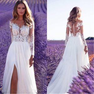 Style Long Sleeve Sheer Lace Wedding Bridesmaid Dress Slit Long Skirt