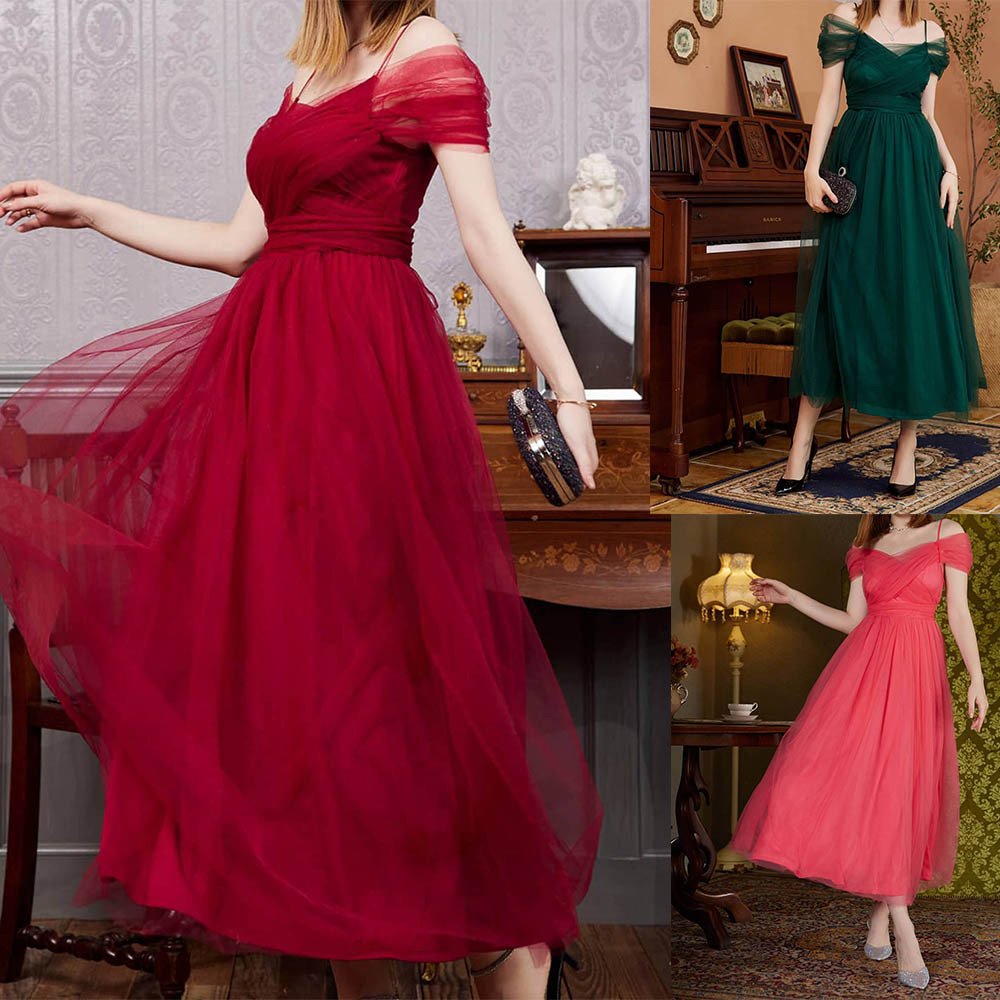 Spring Summer Mesh Women's Dress Sexy Off-Shoulder Strap Tie-Up Wedding Bridesmaid Gown - Image 2