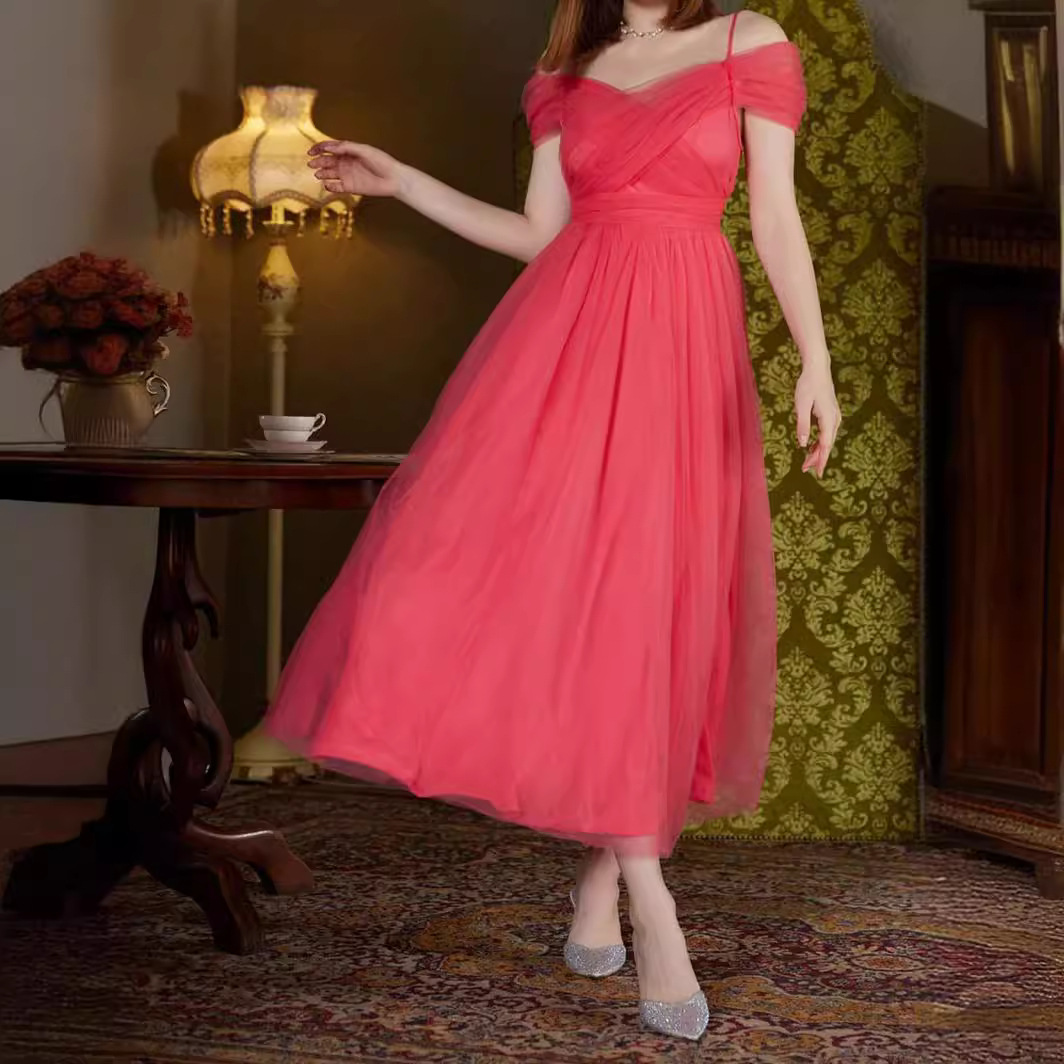 Spring Summer Mesh Women's Dress Sexy Off-Shoulder Strap Tie-Up Wedding Bridesmaid Gown - Image 3