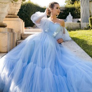 Sheer Mesh One-Shoulder Floor-Length Ball Gown Dress