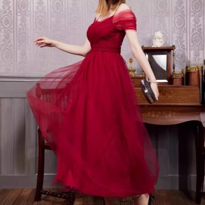 Spring Summer  Mesh Women's Dress Sexy Off-Shoulder Strap Tie-Up Wedding Bridesmaid Gown