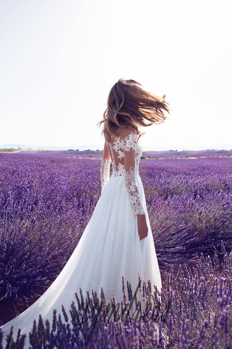 Style Long Sleeve Sheer Lace Wedding Bridesmaid Dress Slit Long Skirt - Image 3