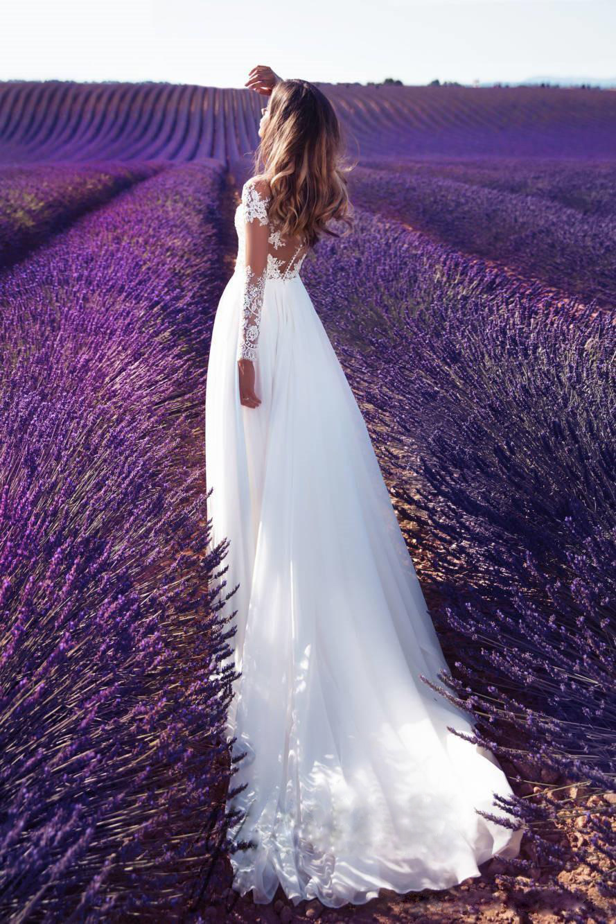 Style Long Sleeve Sheer Lace Wedding Bridesmaid Dress Slit Long Skirt - Image 2