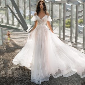 Elegant Wedding Dress with Lace Flowers One Shoulder, Double Strap, Floor Length, Slim Fit, Plus Size for Women