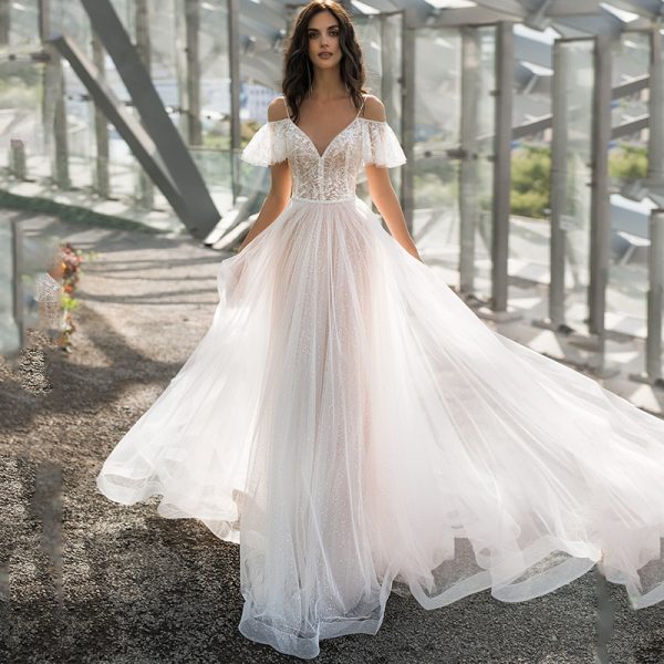 Elegant Wedding Dress with Lace Flowers One Shoulder, Double Strap, Floor Length, Slim Fit, Plus Size for Women