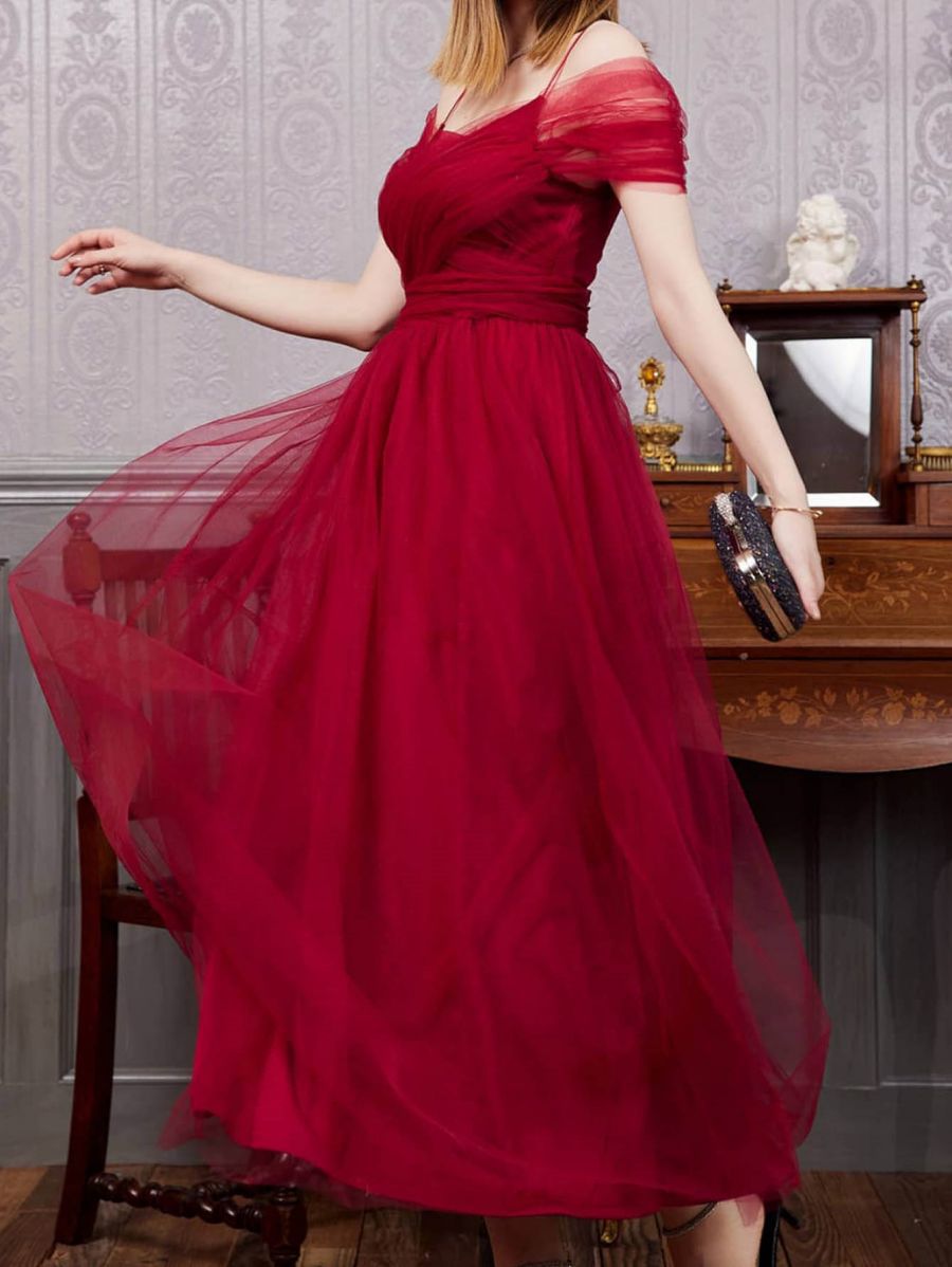 Spring Summer Mesh Women's Dress Sexy Off-Shoulder Strap Tie-Up Wedding Bridesmaid Gown - Image 5